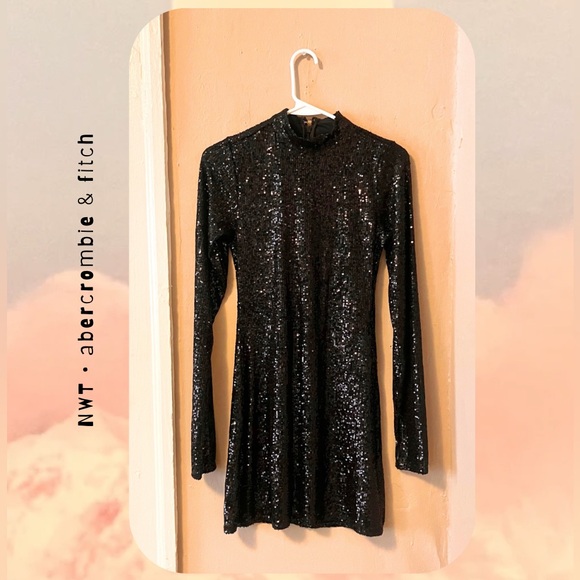 🏷️ abercrombie & fitch • long sleeve mock neck black sequin mini dress - Picture 1 of 17